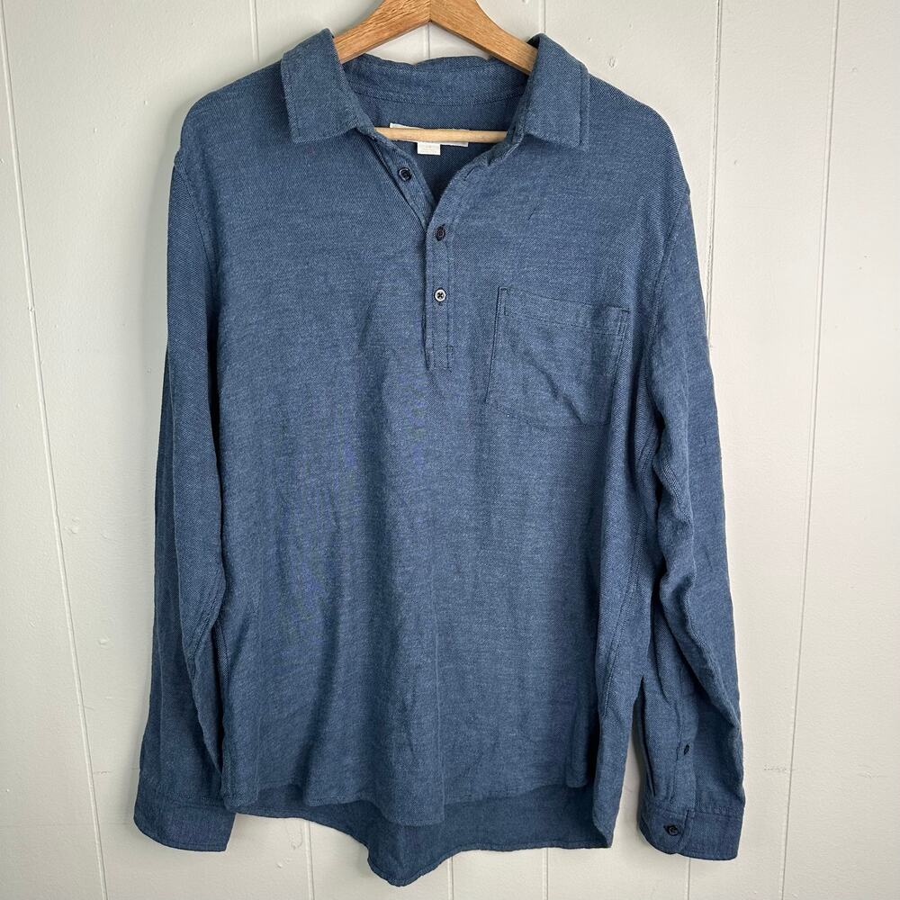 Outerknown Mens L Blue Twill Popover Polo Henley Long Sleeve Shirt Casual